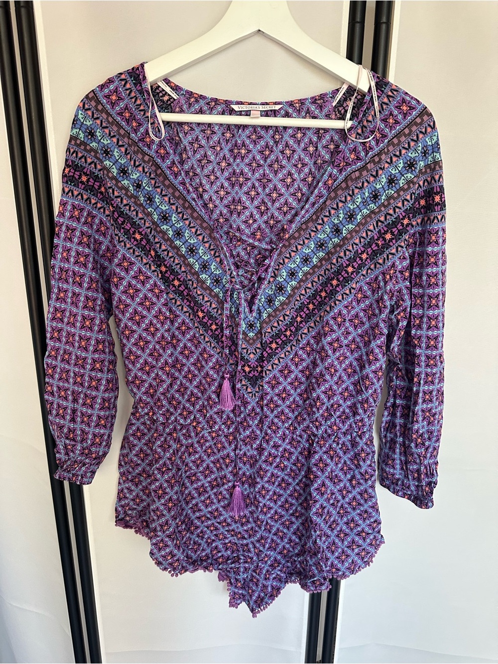 Victoria's Secret Purple Patterned Boho Tunic with Tassel Tie